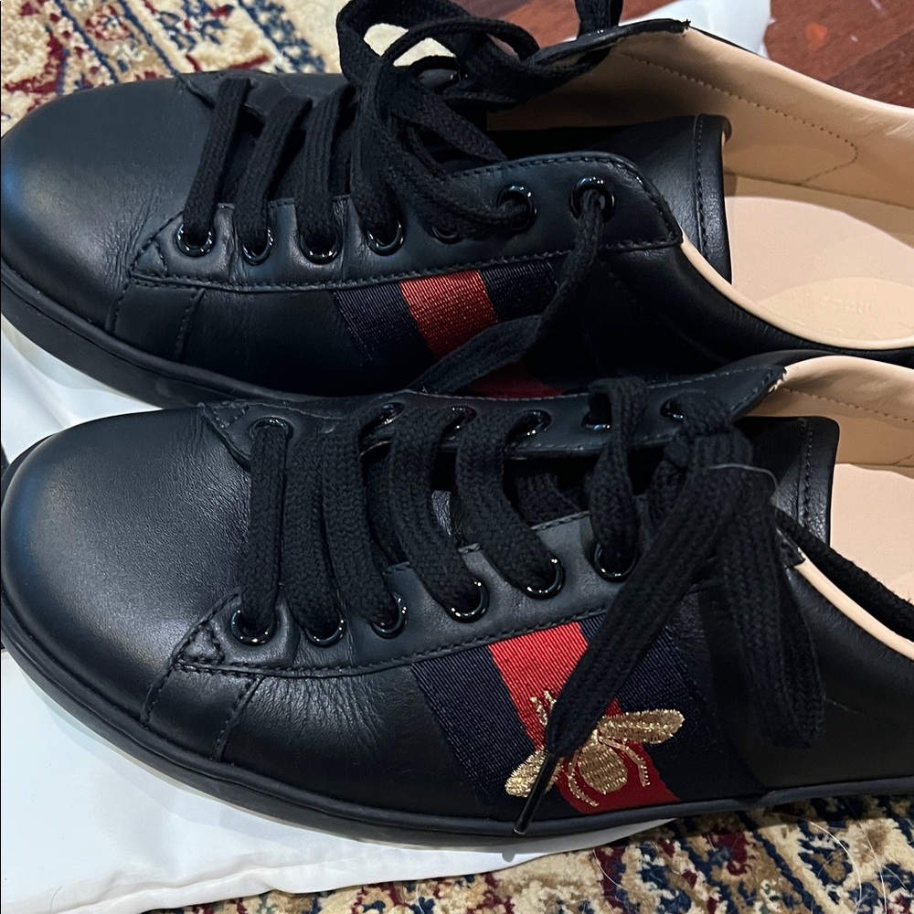 Gucci Black Leather Sneakers with Red and Gold Details, 38